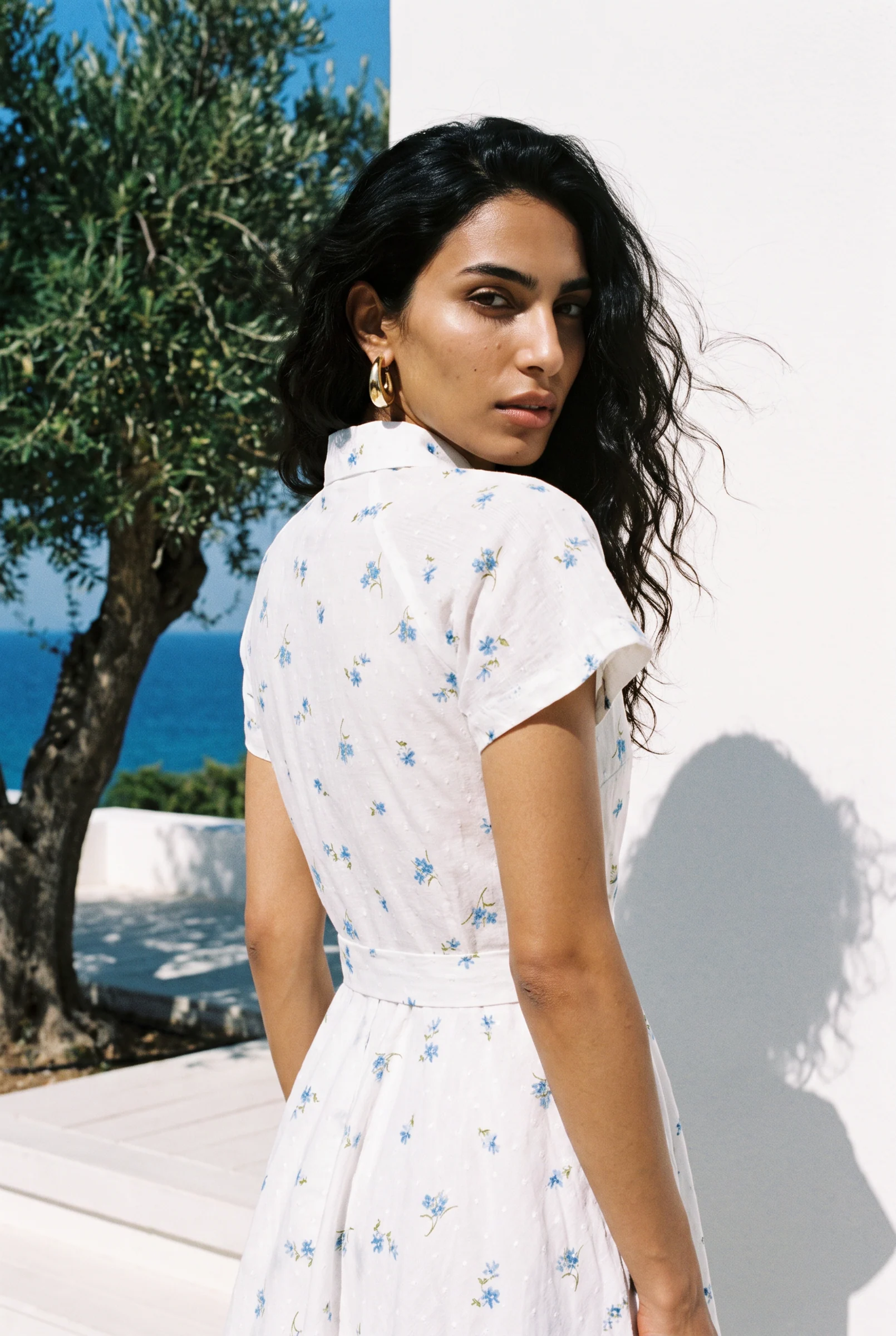 The dress from behind, the model looking back over her shoulder, the sea and an olive tree