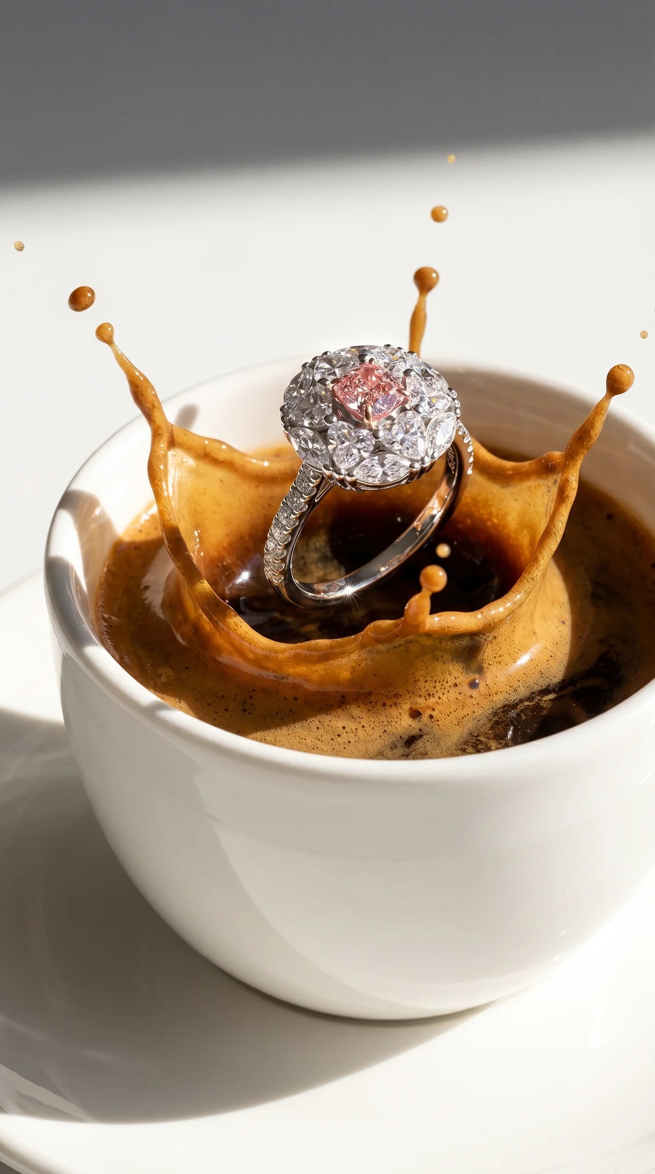 A diamond ring dropping into a cup of coffee, the splash frozen in the air