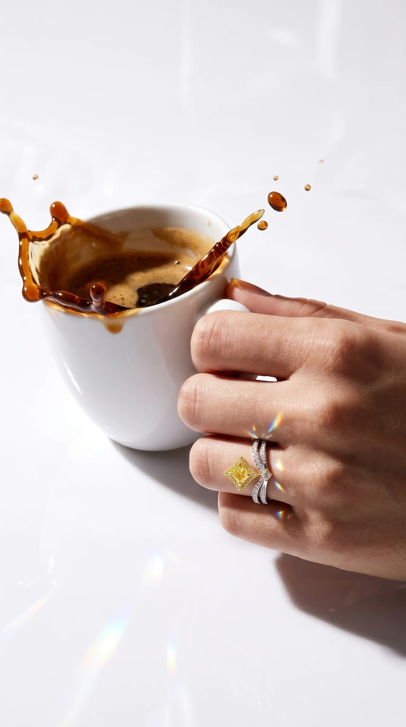 A hand wearing rings holding a cup as the coffee splashes out