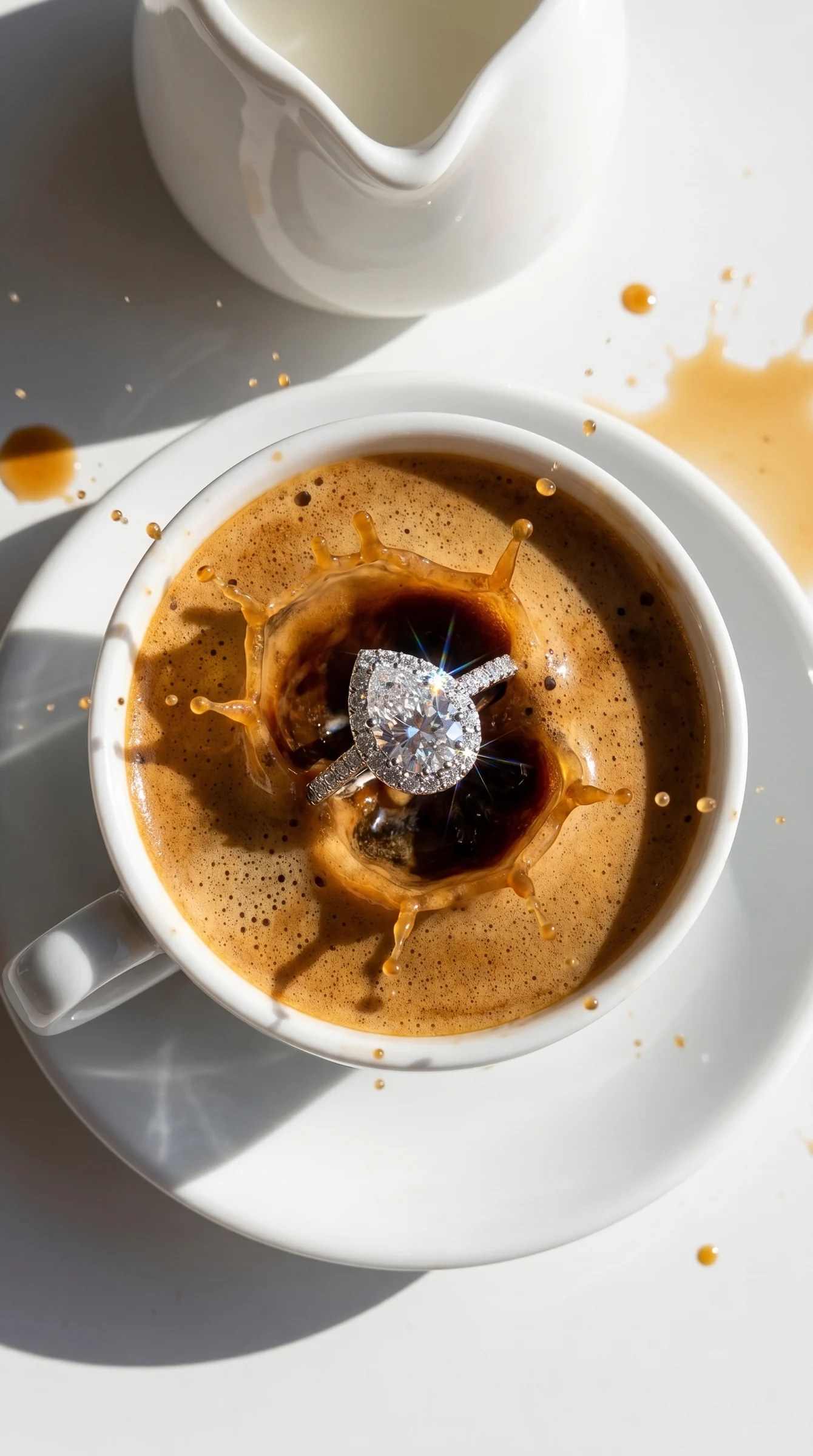 Top view: a pear-cut ring sinking into a cup of coffee