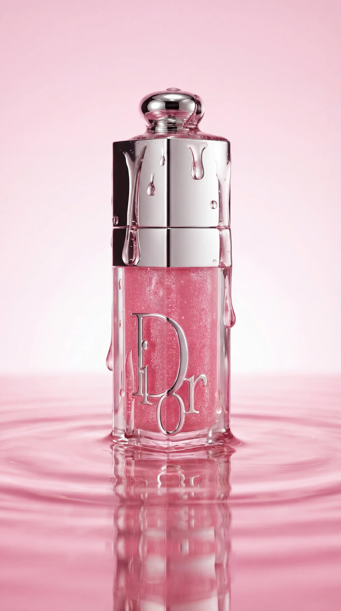 A Dior lip product standing in a shallow pool of pink liquid, rings spreading from its base