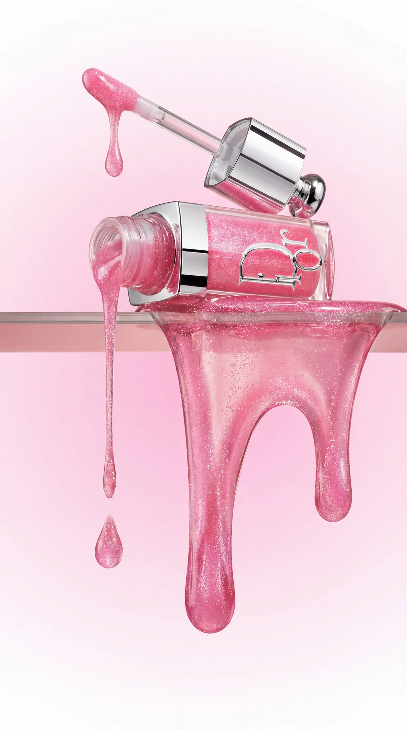 The bottle lying on a glass shelf, pink oil running over the edge, the applicator lifted above it