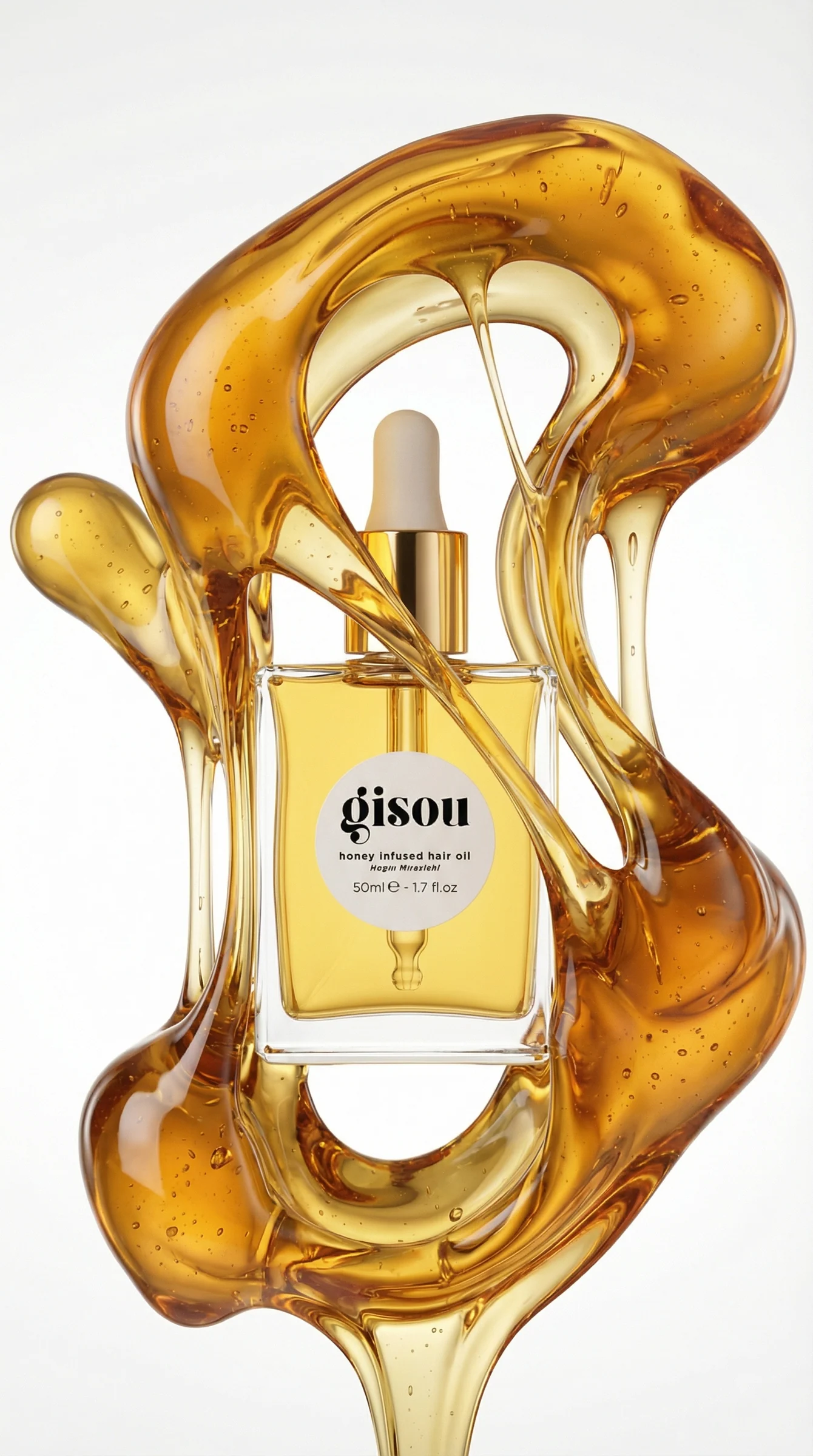 The bottle framed by a loop of honey
