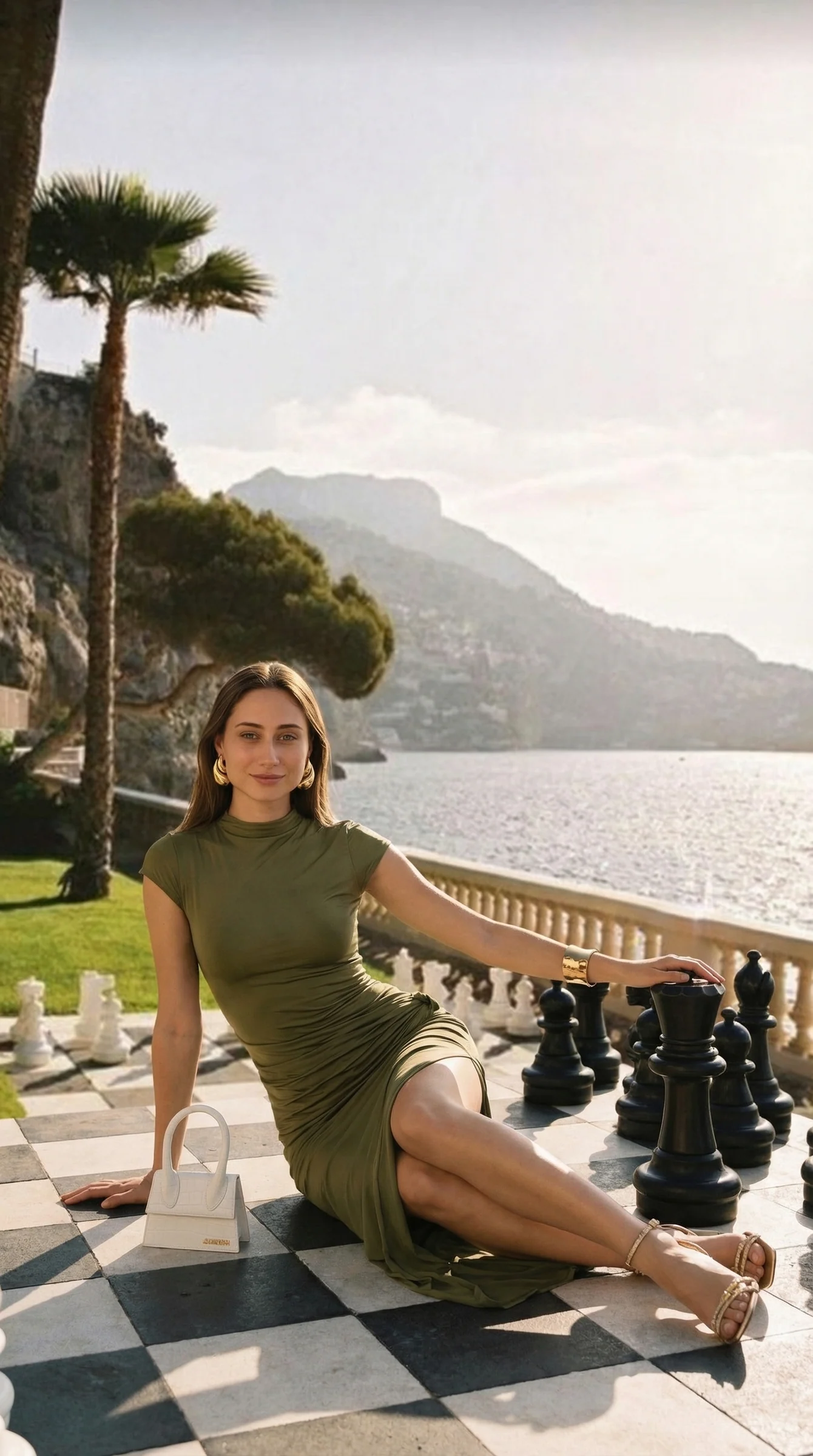 Wide frame: the model on the chessboard terrace above the lake, a white bag beside her