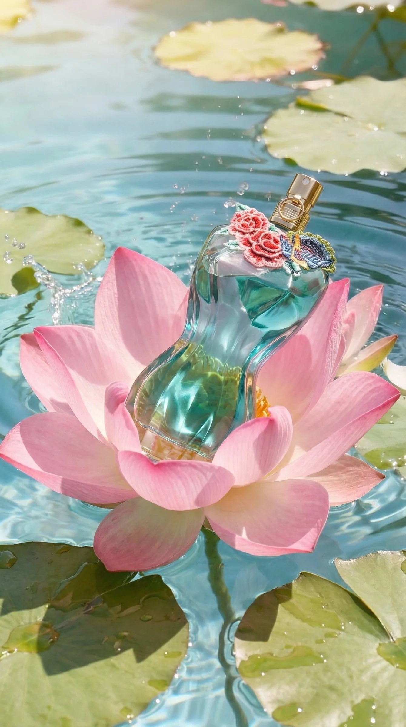 A perfume bottle resting in an open pink lotus on a pond, lily pads around it