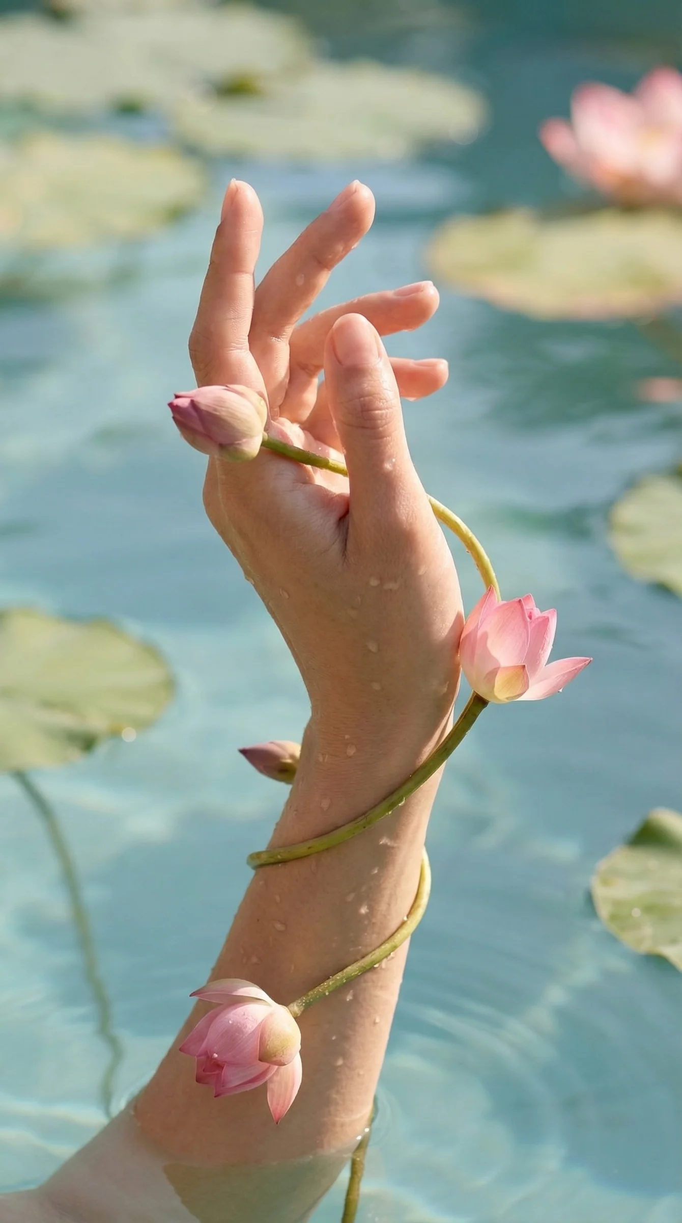 A hand rising from the water with a lotus stem wound around the wrist