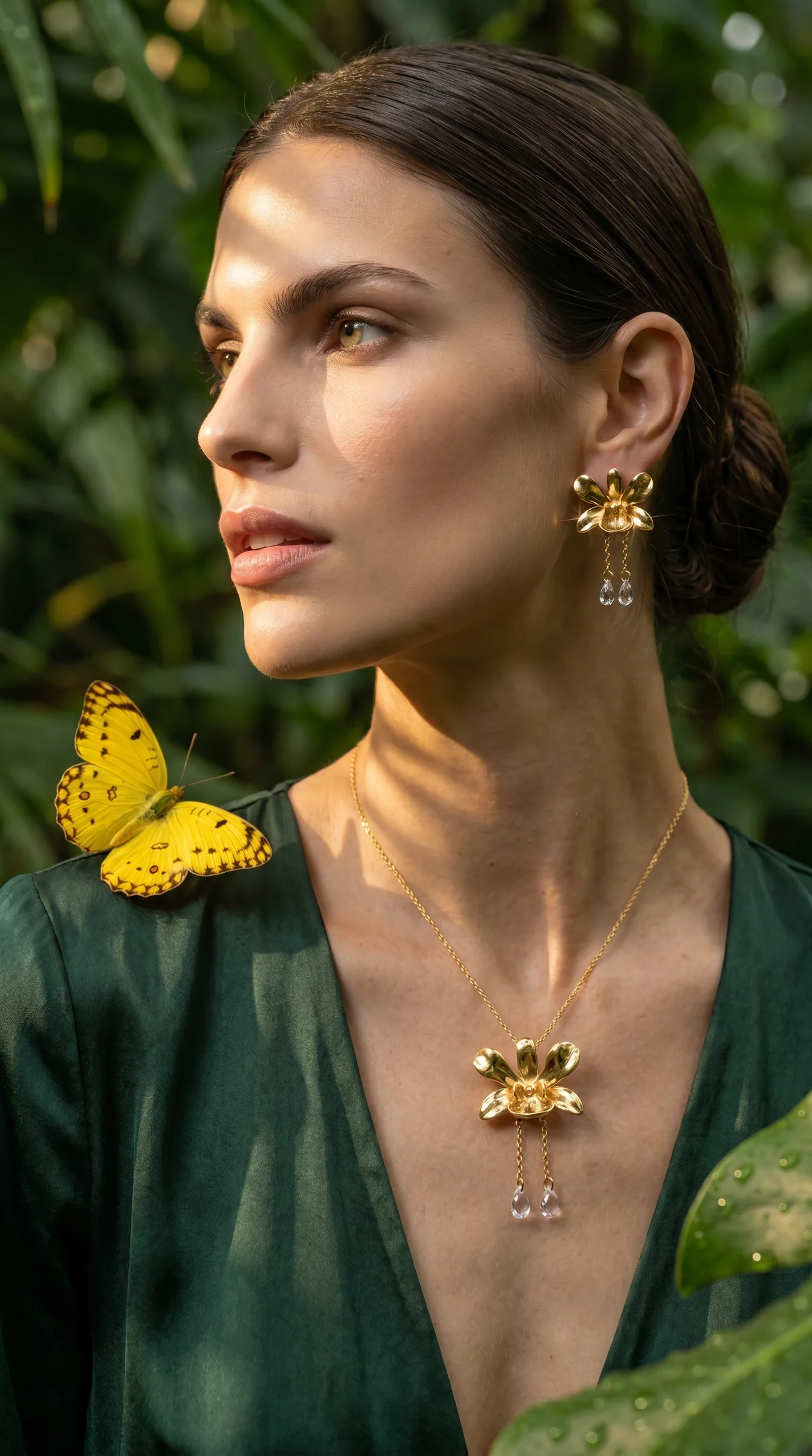 A model in green wearing orchid earrings and a pendant, a yellow butterfly on her shoulder