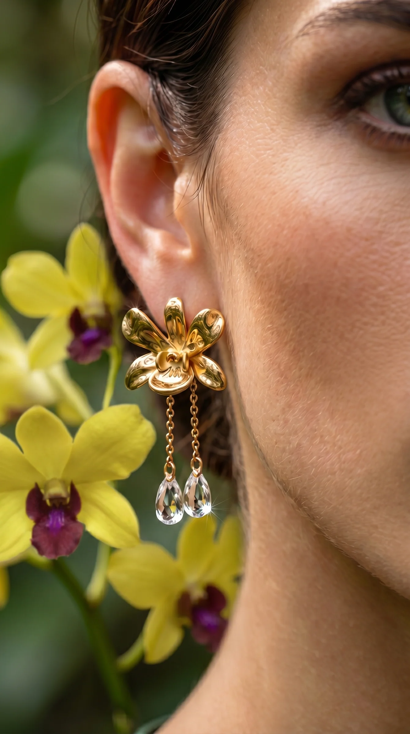 Close-up of a gold orchid earring with crystal drops against a cheek, yellow orchids behind