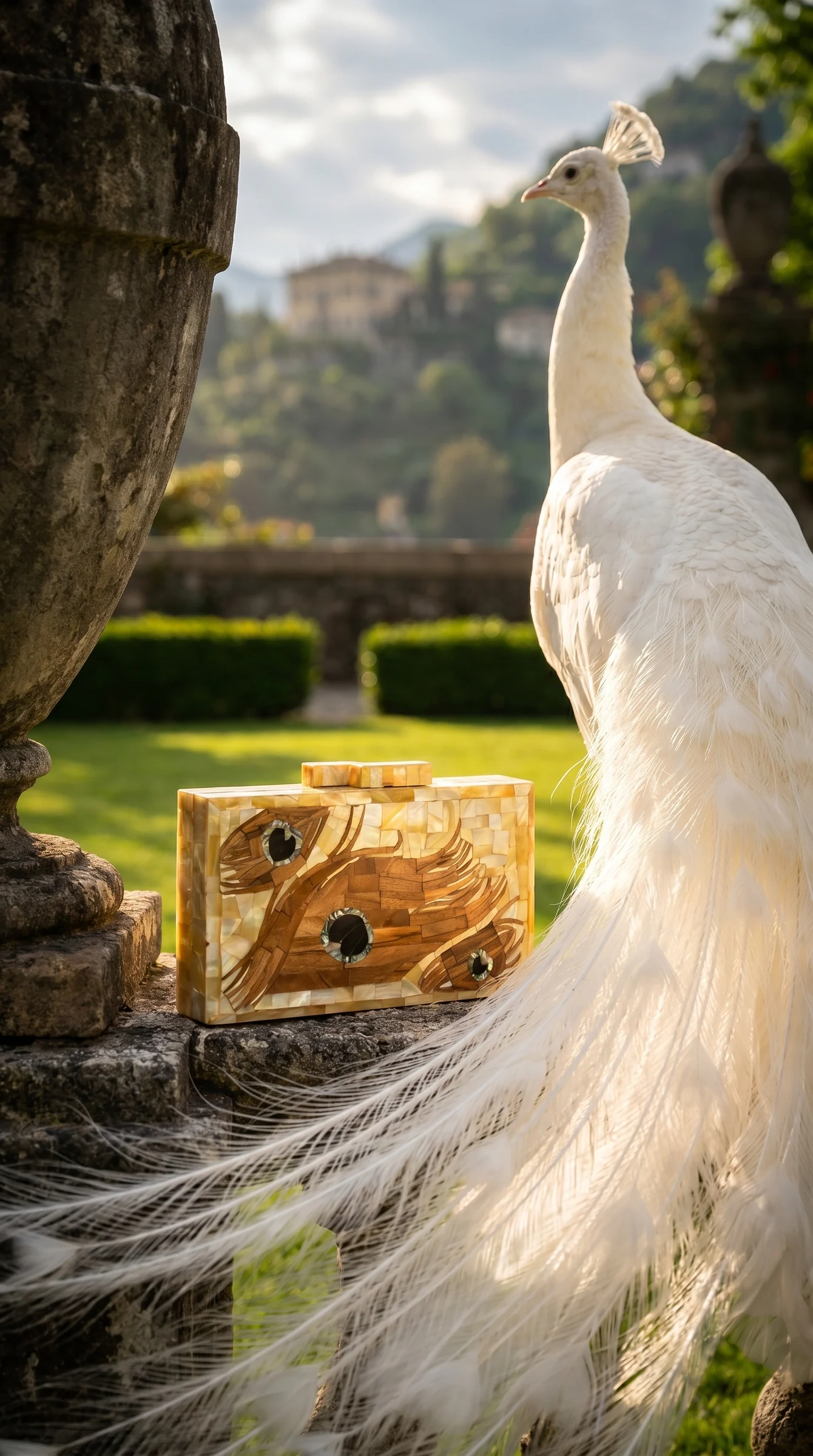 A gold mosaic clutch on a stone ledge beside a white peacock in a formal garden