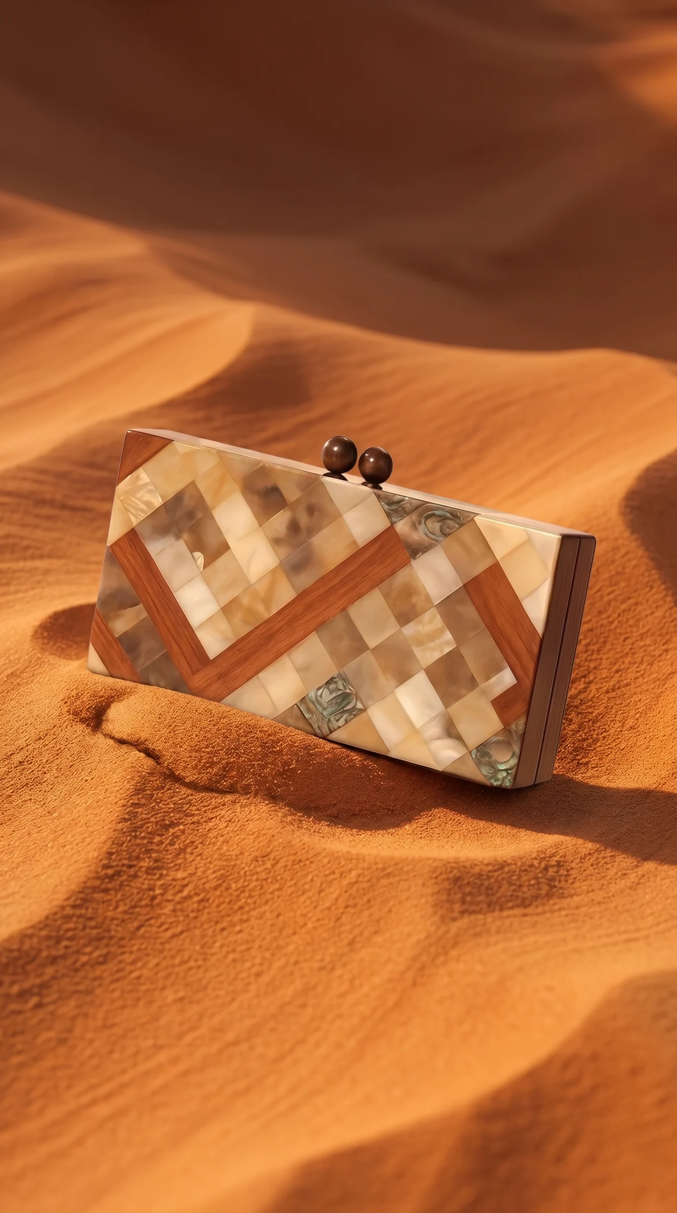 A patterned mother-of-pearl clutch half-buried in orange desert sand