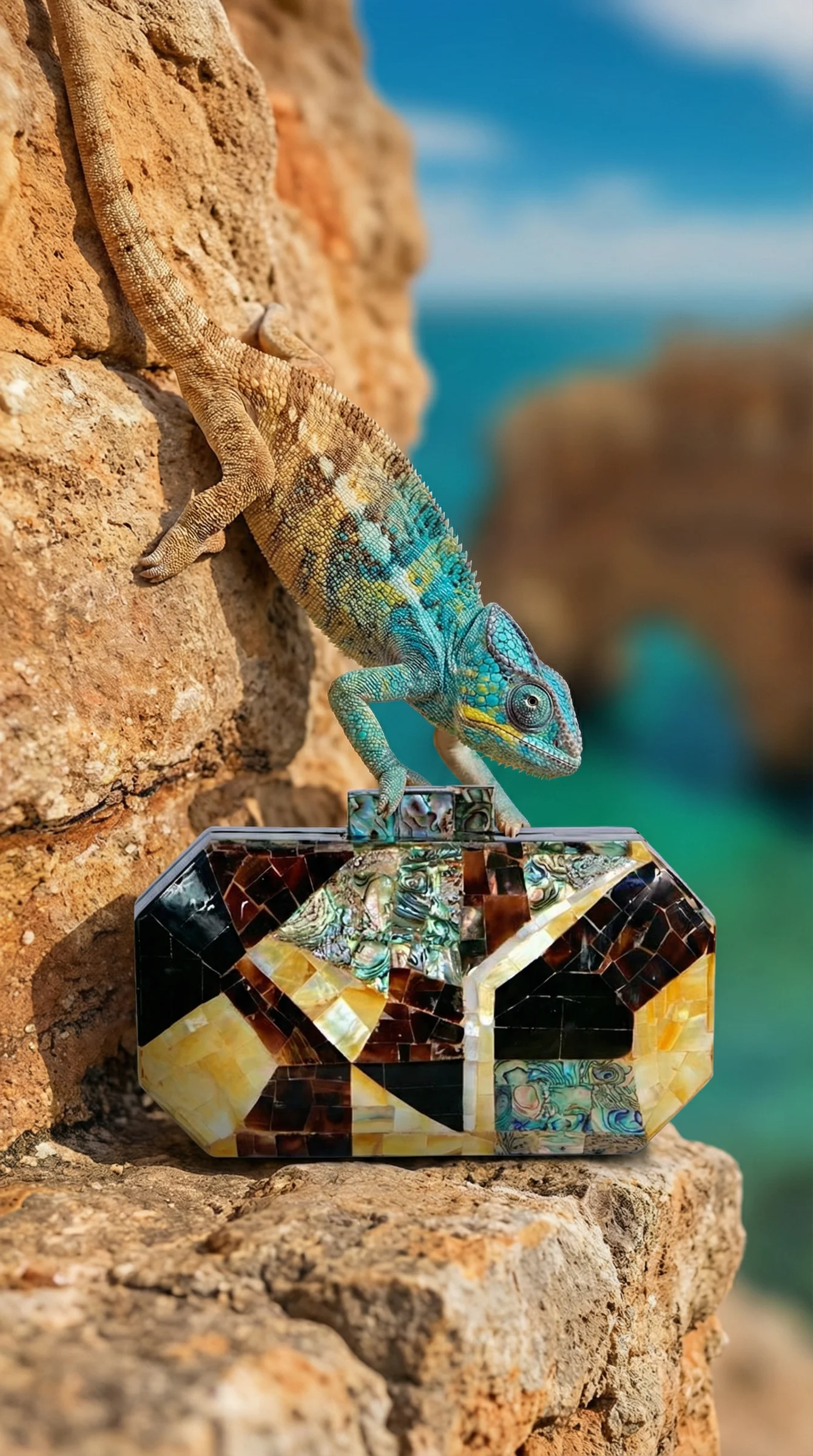 A blue chameleon on a geometric mosaic clutch, on a rock above the sea